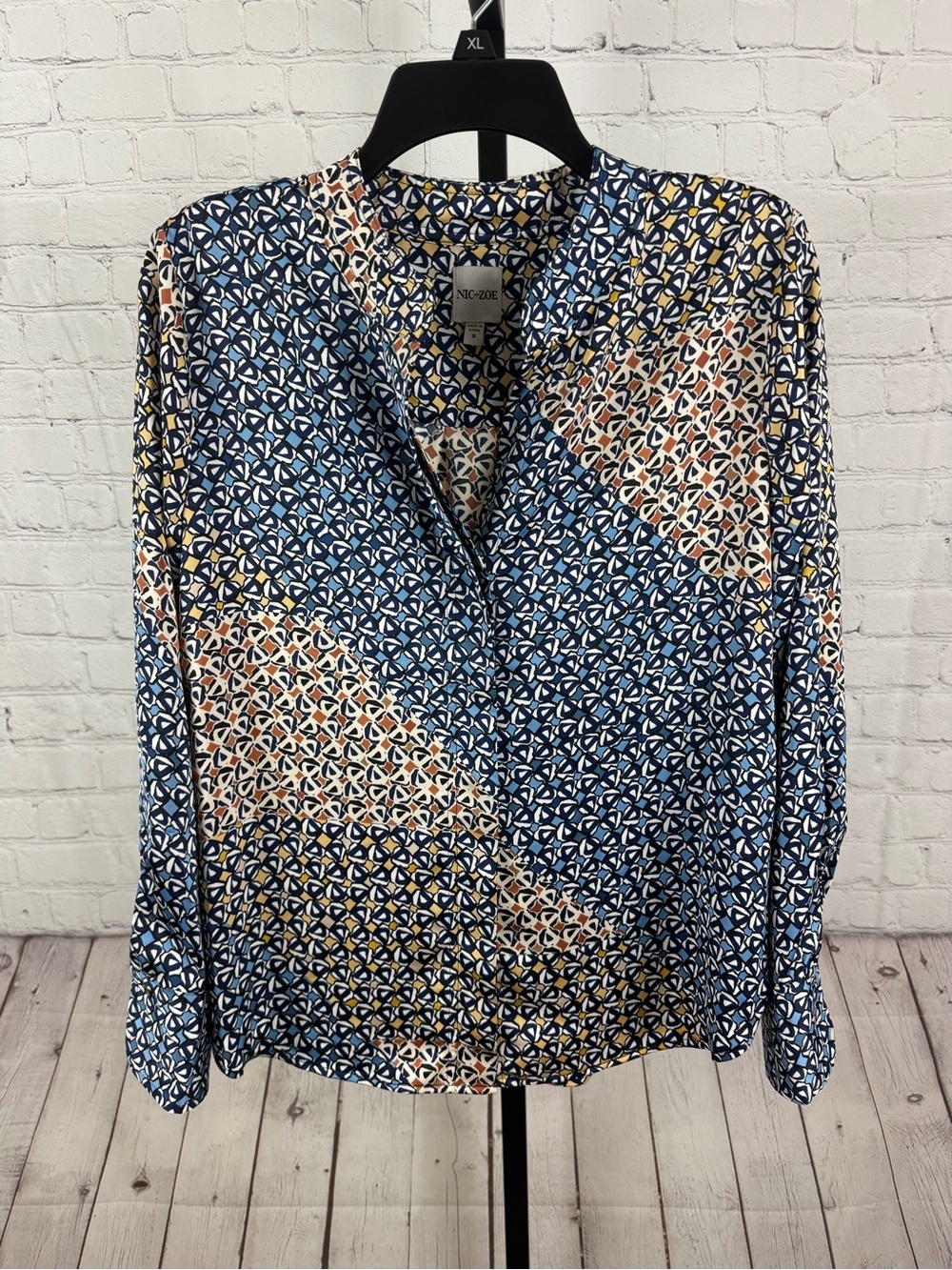 Nic+Zoe Monogram Mix Print Blouse Blue Brown Size Small